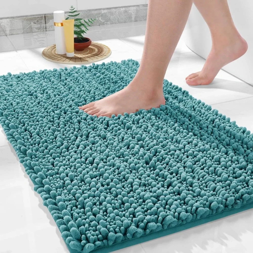 blue/teal chenille soft bath rug mat set